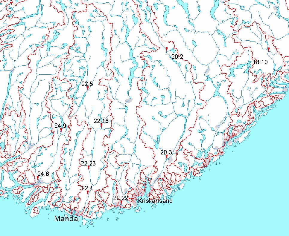 3. Hydrometriske stasjoner I figur 6 er det gitt en oversikt over avløpsstasjoner i og i nærheten av Mandalselva. Noen sentrale feltparametere for stasjonene er gitt i tabell 5.