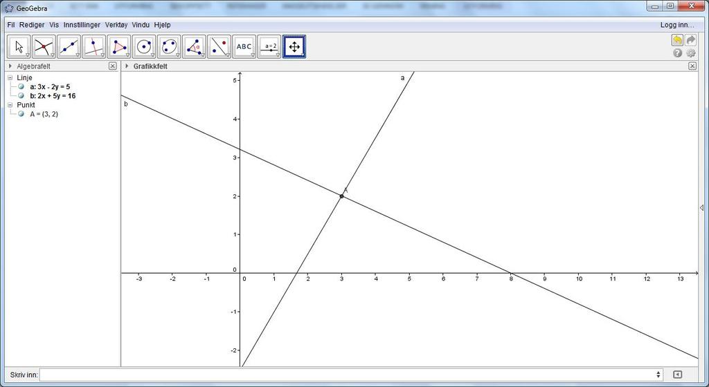 Vi ser at GeoGebra tegner opp linjene selv om de er på den formen som vi har her.