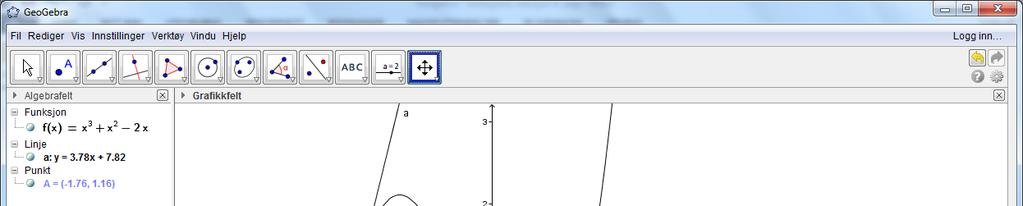 Prøv å følge med på likningen for tangenten når du flytter punktet langs grafen. Hva er stigningstallet når du passerer toppunktet og bunnpunktet? Flytt punktet A slik at x-verdien er på omtrent -2,5.