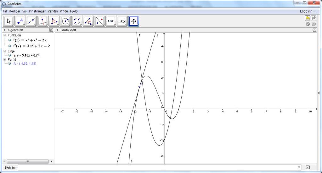 Her ser du at du i algebrafeltet har fått opp et uttrykk for den deriverte. Vi ser også at GeoGebra har tegnet opp grafen til den deriverte.