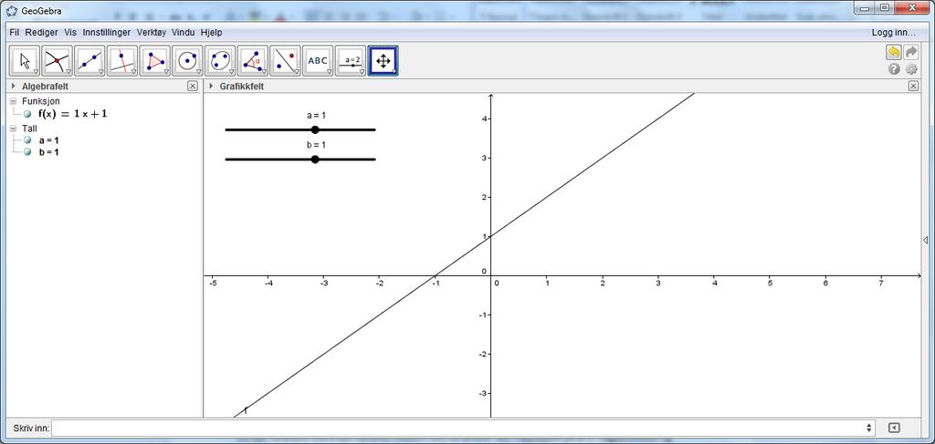 Nå skriver vi inn funksjonen vår i inntastingsfeltet. Du skriver altså inn ax+b. GeoGebra tegner nå opp funksjonen med de valgte verdiene for a og b.