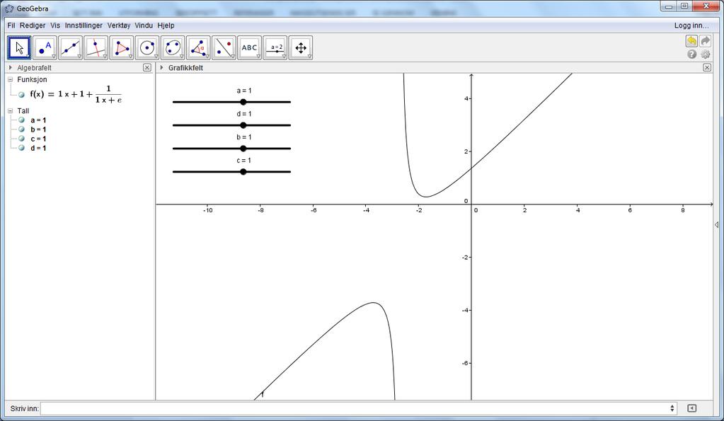 Start med å variere parameteren c. Hvordan påvirker dette grafen? Gjør deretter det samme for parameterne a og b. Hvordan endrer grafen seg når a og b varierer?