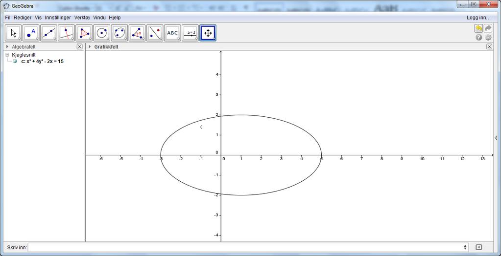 Ellipser En kan også tegne ellipser i GeoGebra. La oss tegne inn ellipsen (x 1) 2 + 4y 2 = 16 Du skriver inn uttrykket (x-1)^2+4y^2=16 i inntastingsfeltet.