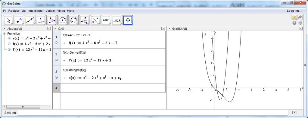 Her ser vi at GeoGebra har regnet ut både den deriverte og integralet. I tillegg er grafene til den deriverte funksjonen og grafen til integralet til f(x) tegnet opp i grafikkfeltet.