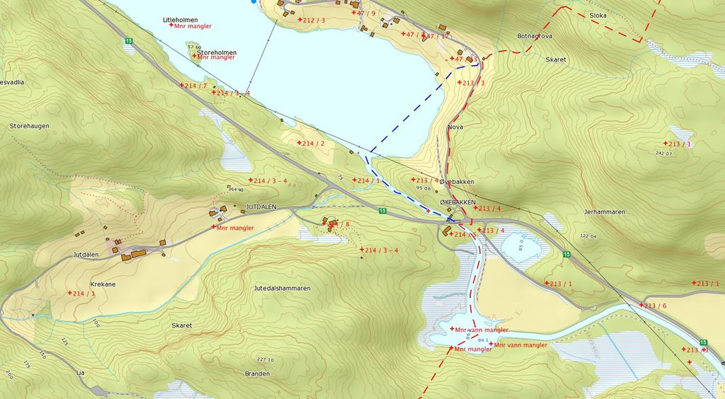 FYLKESMANNEN I SOGN OG FJORDANE 8/13 Justert alternativ 2. Raud linje illustrerer Hornindal sitt ønskje i KS-066/17 (omtala som Kommunegrense 1), blå linje opphaveleg alternativ 2.