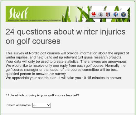 2015: Web-basert spørreundersøkelse om vinterskader på nordiske golfbaner NIBIO, NGF, STERF Alle 5 nordiske land Formål: