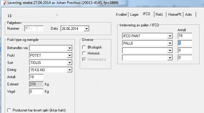 Automatisk tillegg for IFCO IFCO levert tilbake frå produsent via innlevering kan automatisk bli