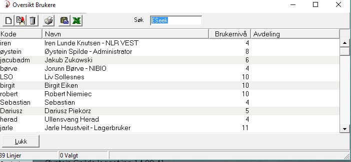 Oppsett Har desse undermenyane:brukar, forkortelsar/koder, bestillingsordre, system, lokalt oppsett, velg skrivar for utskrift av merkelappar, IFCO merkelappar og