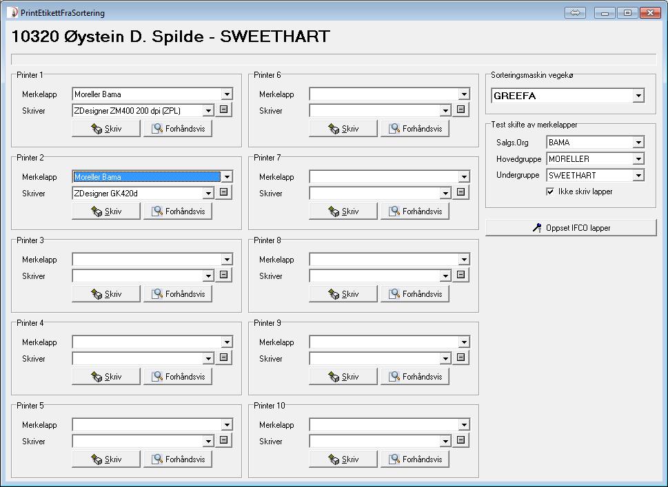 IFCO lappar Åpne Foredling, Lag IFCO lappar frå Sortering, og du får dette bildet: Vegekø og printeroppsett blir lagra automatisk. Når GREEFA (dårlig kønavn.
