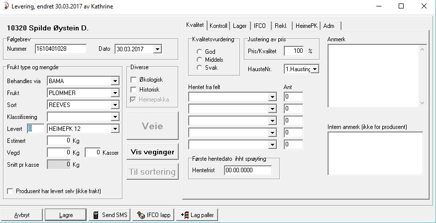 Innlevering Innmeldt Programmet bereknar neste leveringsnummer, og er det same sort som siste er det berre antal kassar som må skrivast inn.