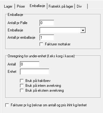 programmet. Emballasje Normalt skal antall pr emballasje vera 1.