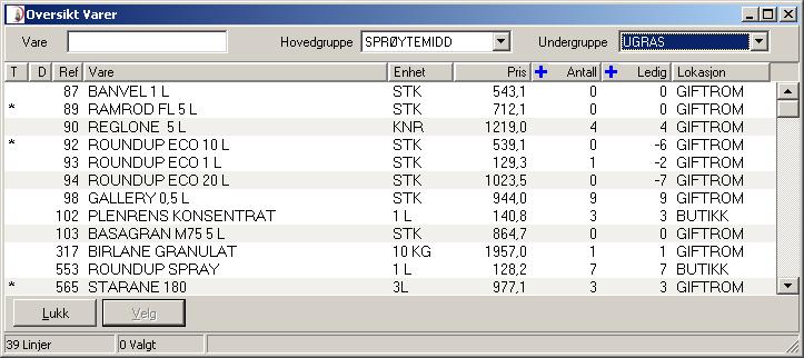 Når dei bestillar og trykkjer på finn varer får dei dette bildet: Ein kan setja rabattar for kvar kunde i kunde/produsentprofilen.