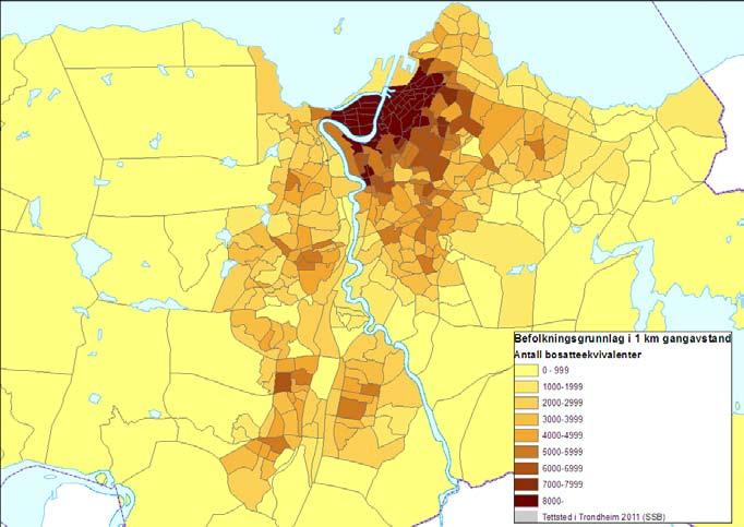Figur 3: Antall bosatteekvivalenter i 1000m omland til grunnkrets. Figur 4: Antall bosatteekvivalenter i 1500m omland til grunnkrets.
