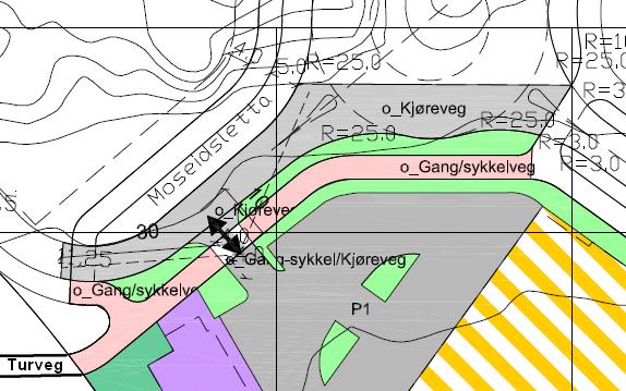 Figur 10: Kartutsnitt som viser adkomst til planområdet, og turveg som krysser regionalt grøntdrag vest for planområdet.