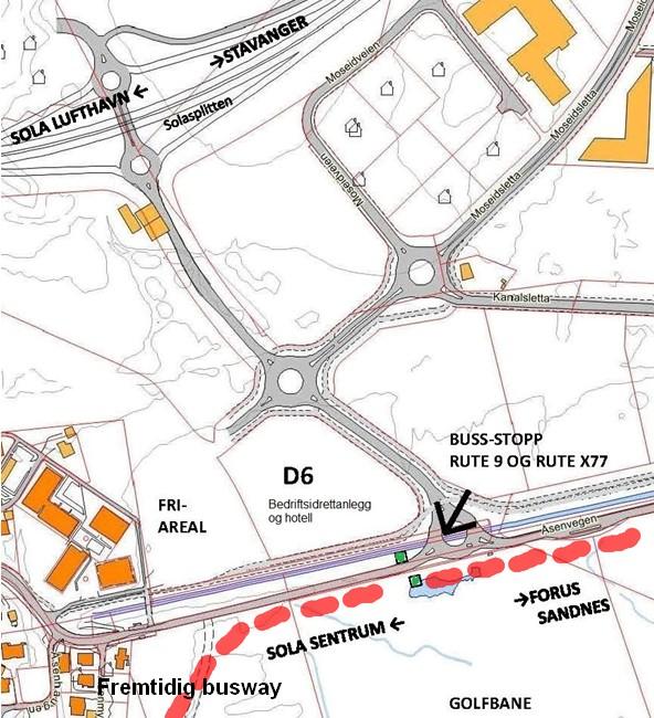 Figur 5: Veier og offentlig transport ved planområdet. Rød stiplet linje viser fremtidig trasé for busway/ bybane slik denne er vist i kommuneplanen. 1.