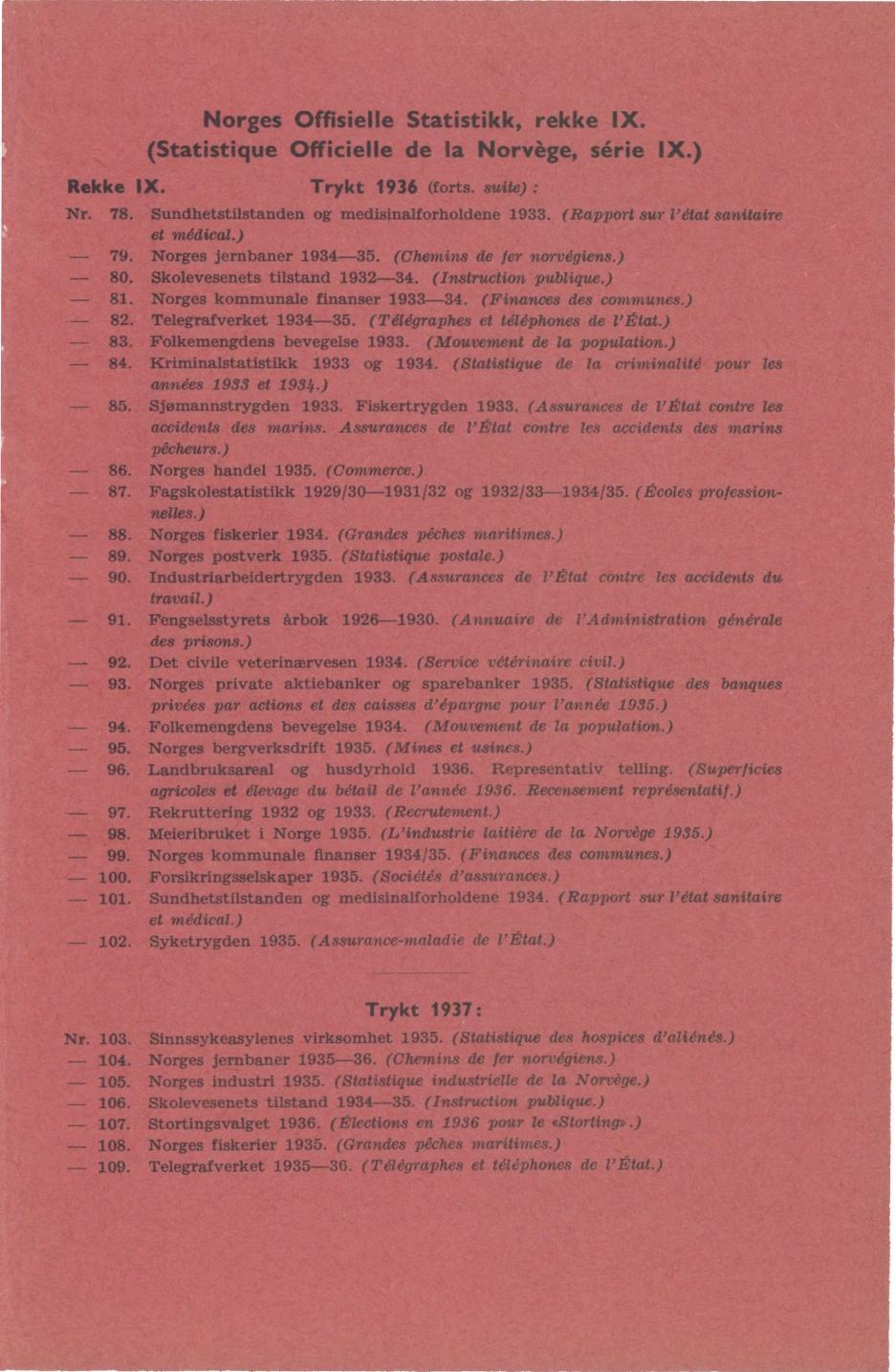 Norges Offisielle Statistikk, rekke IX. (Statistique Officielle de la Norvége, série IX.) Rekke IX. Trykt 96 (forts. suite) : Nr. 78. Sundhetstilstanden og medisinalforholdene 9.