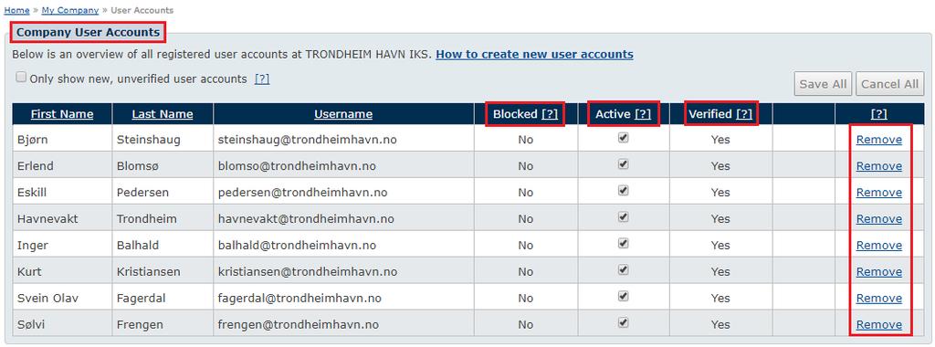 My Company- User accounts Administrator kan verifisere, endre Status