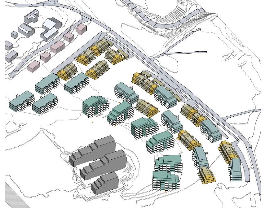 Beskrivelse av planen Planområdet er ca 46 daa. Planforslaget viser en utvikling av området med 350 400 boenheter, som tilsvarer en tetthet på ca. 8,7 boliger pr. dekar.