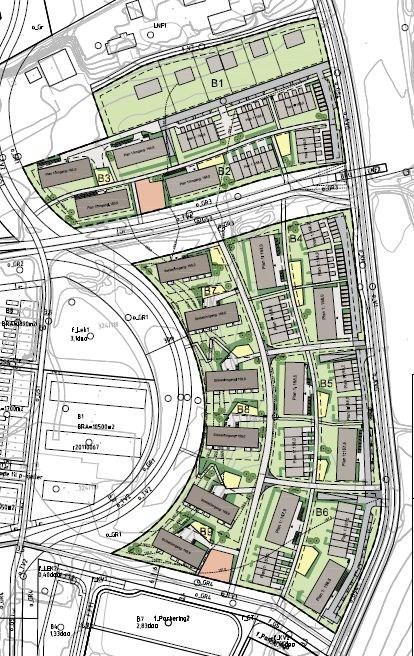 Mot gården Nedre Sjetnan i nord foreslås det 4-6 ene -/ tomannsboligtomter. Lamellblokkene får en nedtrapping og lavblokkene får en inntrukket toppetasje.