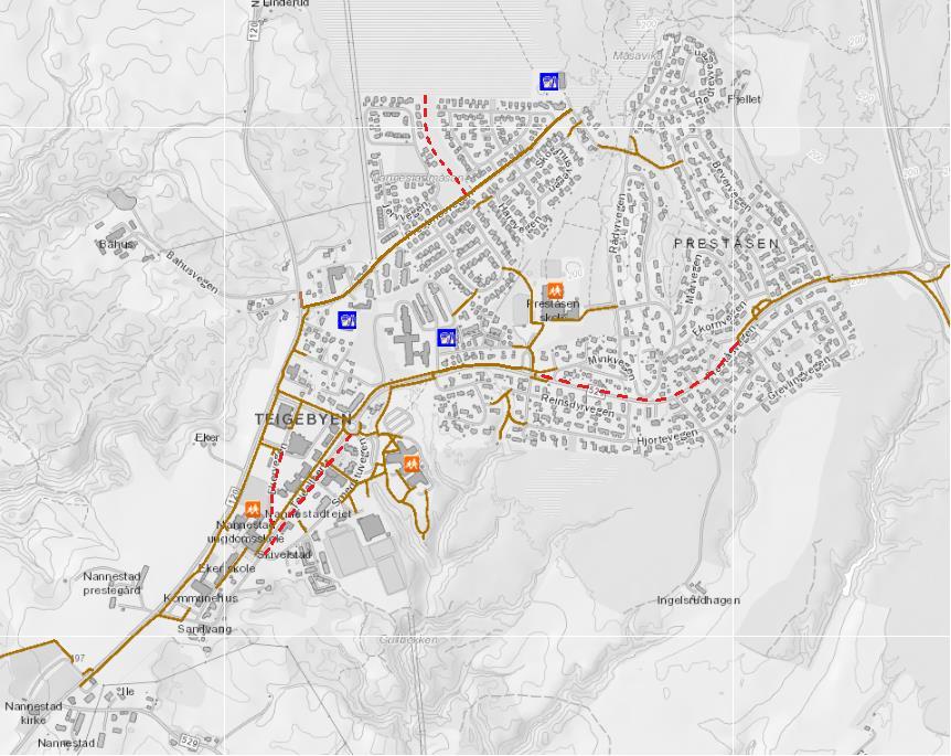 6 Kommunens tettsteder - med fokus på trafikksikkerhetssituasjon 6.1 Nannestad sentrum og tettsted Brun strek = eksisterende gang-/sykkelveger/fortau.