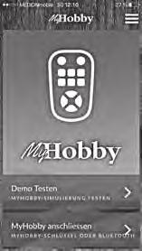 Teste demo TESTE MYHOBBY SIMULERING Tilkoble MyHobby MYHOBBY KODE ELLER BLUETOOTH 1 Bilde 1 Startbilde når appen åpnes, når det ennå ikke er registrert noen brukere.