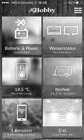 7. Elektriske installasjoner 119 Batteristatus BATTERIDRIFT Vanntank TANKINDIKATOR Batteristatus Batterilader Vanntank Tankindikator 23,0 C I KJØRETØYET Fockbek 12,5 C UTE 32,5 C inne i bobilen 26,0