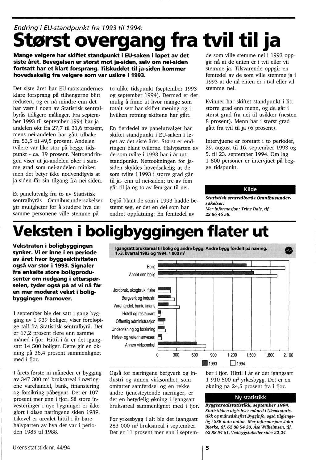 Endring i EU-standpunkt fra 1993 VI 1994 Størst over gang fra tvil till ja Mange velgere har skiftet standpunkt i EU-saken i løpet av det siste året Bevegelsen er størst mot ja-siden, selv om