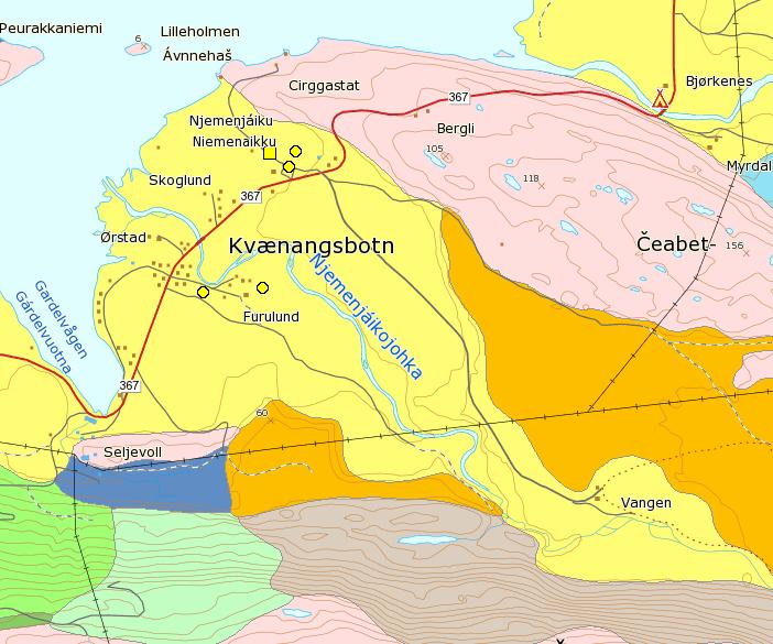 Figur 7: Kvartærgeologisk kart over Kvænangsbotn med registerte boringer i NGUs brønndatabase samt tidligere LGN stasjon ved Skoglund Høsten 2013 ble det gjennomført georadarundersøkelser langs 5