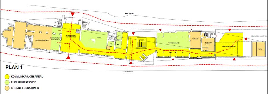 18-(62) MULIGHETSSTUDIE Skisse/ skjema til plassering av funksjoner og ferdselslinjer innendørs og utendørs Det er videre et stort behov for å etablere en sykkelparkeringsplass på stasjonen.