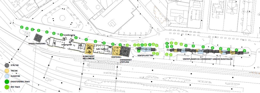 MULIGHETSSTUDIE 19 (62) Prinsippskisse, utforming av ny bygningskomponenter knyttet til stasjonsbygning, venterom, bussholdeplasser og sykkelparkering.