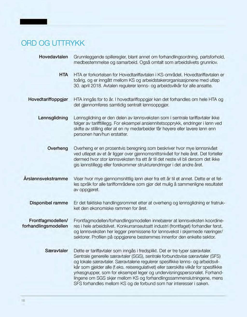 ORD OG U TTRYKK Hovedavtalen HTA Grunnleggende spilleregler, blant annet om forhandlingsordning, partsforhold, medbestemmelse og samarbeid. Også omtalt som arbeidslivets grunnlov.