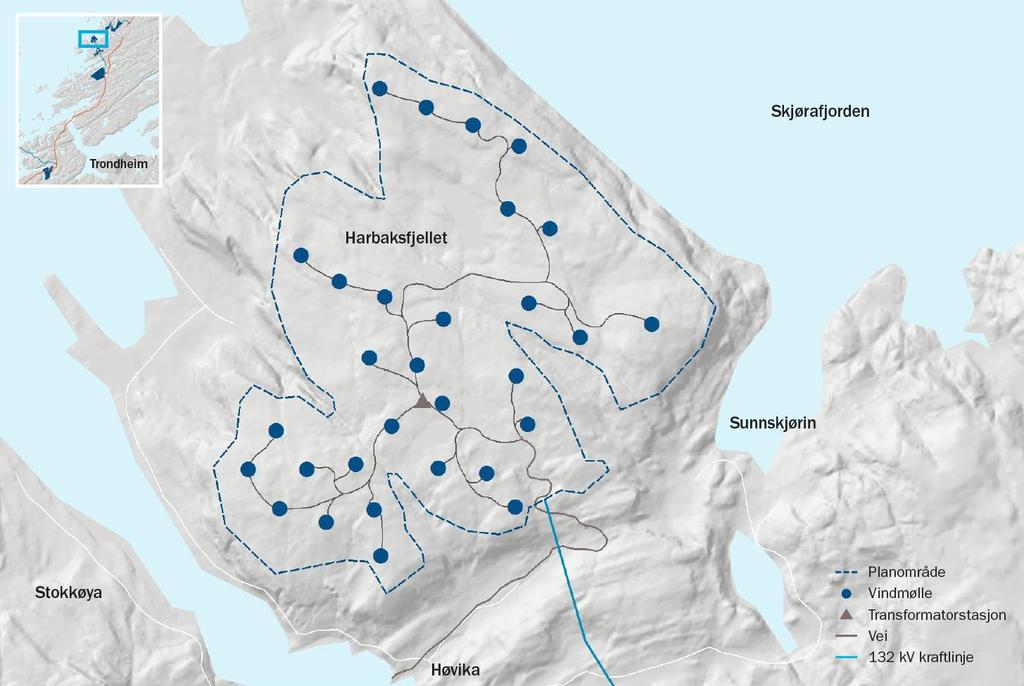 Harbaksfjellet vindpark Installert effekt: 111,6 MW Antall turbiner: 30 Produksjon: ~ 390 GWh Fullasttimer: ~ 3540 Mean wind speed: 8,8 m/s Øvrige nøkkeldata: -