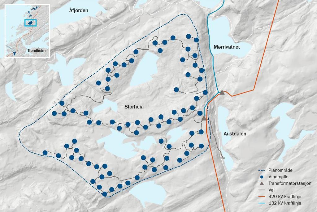 Storheia vindpark Installert effekt: 288 MW Antall turbiner: 80 Produksjon: ~ 1000 GWh Fullasttimer: ~ 3500 Middelvind: 8,6 m/s Øvrige nøkkeldata: -