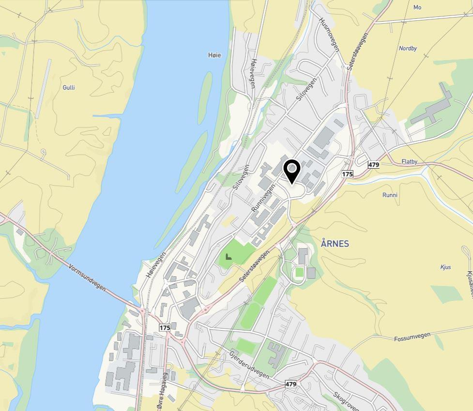 Fig 12. Kart: Nes kommune 2.3.1 Lokalisering og bruk: Eiendommene (gnr 167, bnr 319,80,405) ligger sentralt i Årnes, nord for sentrum.