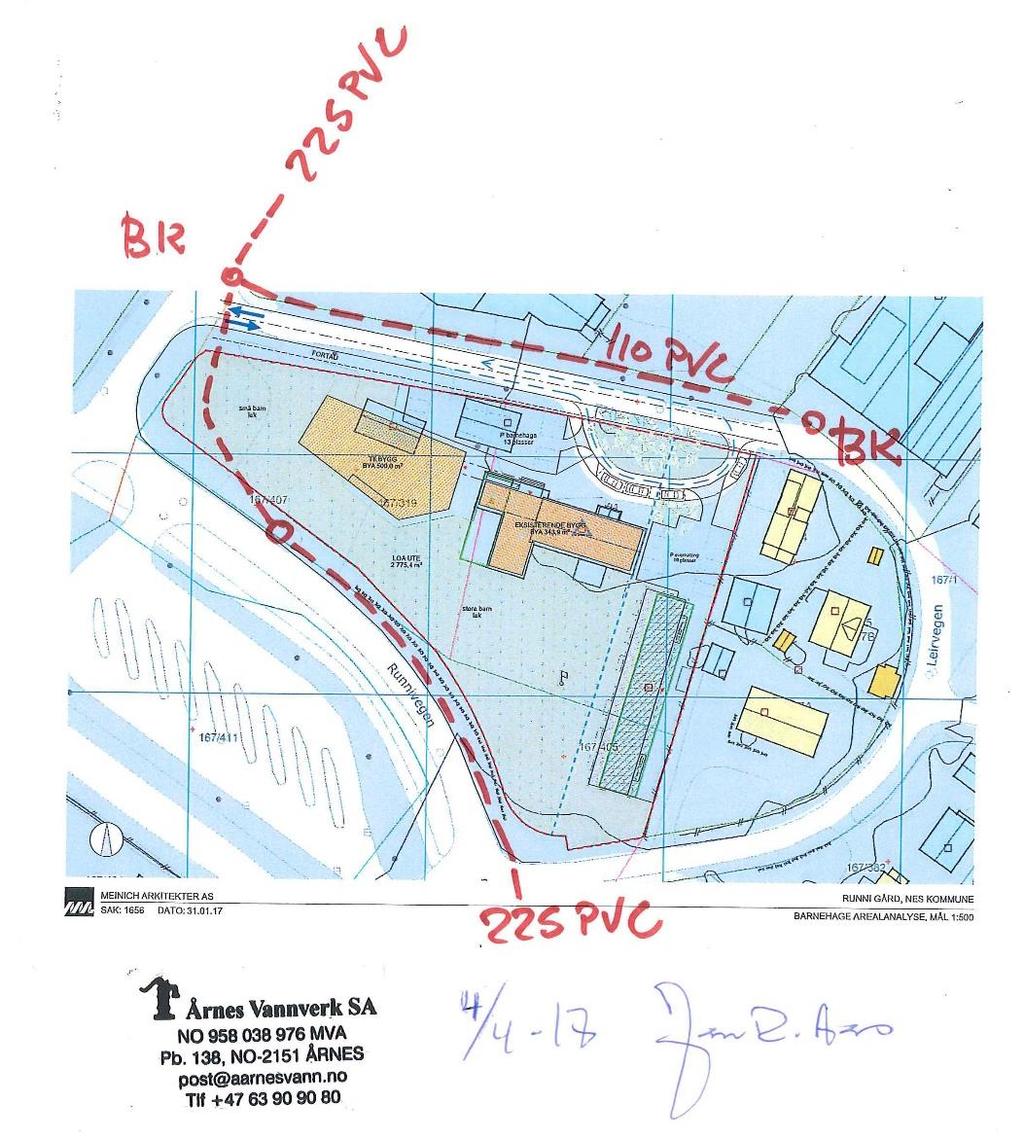 2.3.10 Teknisk infrastruktur: Området ligger i et konsesjonsområde for fjernvarme. Vann- og avløp ledninger går over den vestre delen av eiendommene. Fig 14. Kartutsnitt fra Årnes Vannverk. 2.3.11 Stedsutvikling: Området er et tidligere gårdsbrukområdet.