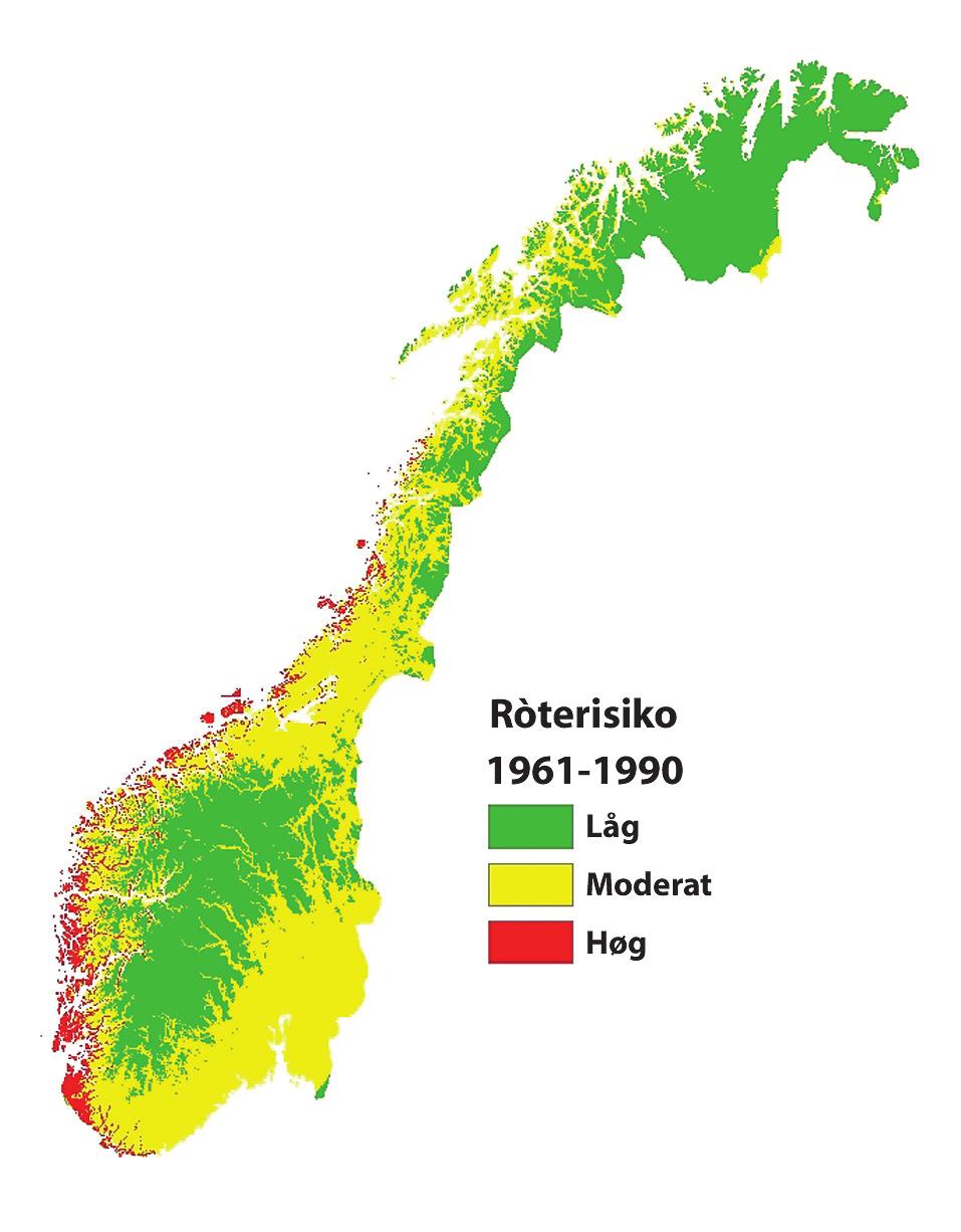 2011 2012 Meld. St. 28 61 Ròterisiko 1961-1990 Ròterisiko Scenario 2100 Figur 4.2 Potensiell ròterisiko i Noreg frå 1961 til 1990 og i år 2100 (basert på Scheffer, 1971 og Lisø ofl. 2006) 1 1 Lisø, K.