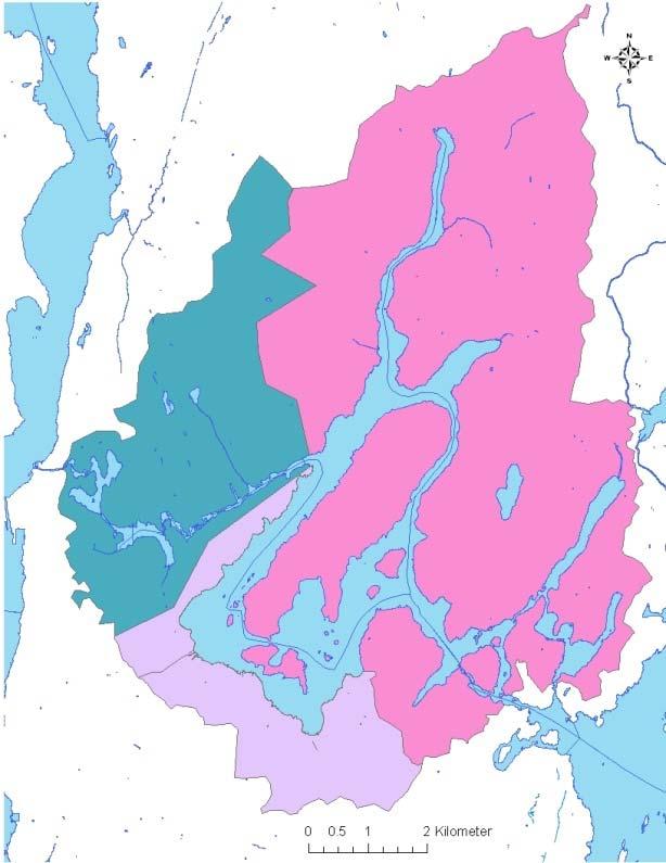 Kart over nedbørfeltet til vestre Vansjø (rosa og lilla areal) og Mosseelva (blågrønt areal). Referanser til dette vedlegget Blankenberg, A.-G.B, Turtumøygard, S., Pengerud, A., Borch, H.