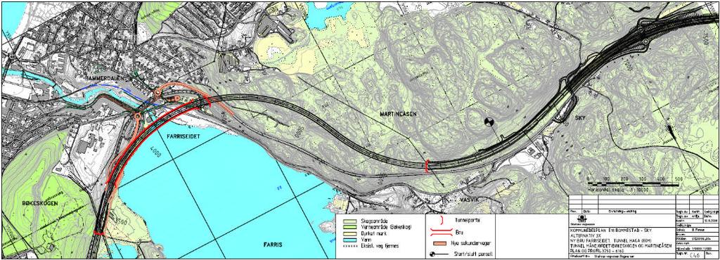 Figur 2 Vestre del av 3X/3Y Kostnadsmessig viste det seg at alternativet 3X/3Y med bru mer over land og 1300 lm tunnel i Martineåsen blir billigere enn alternativ 2X/Y med bru lenger ute i Farris og