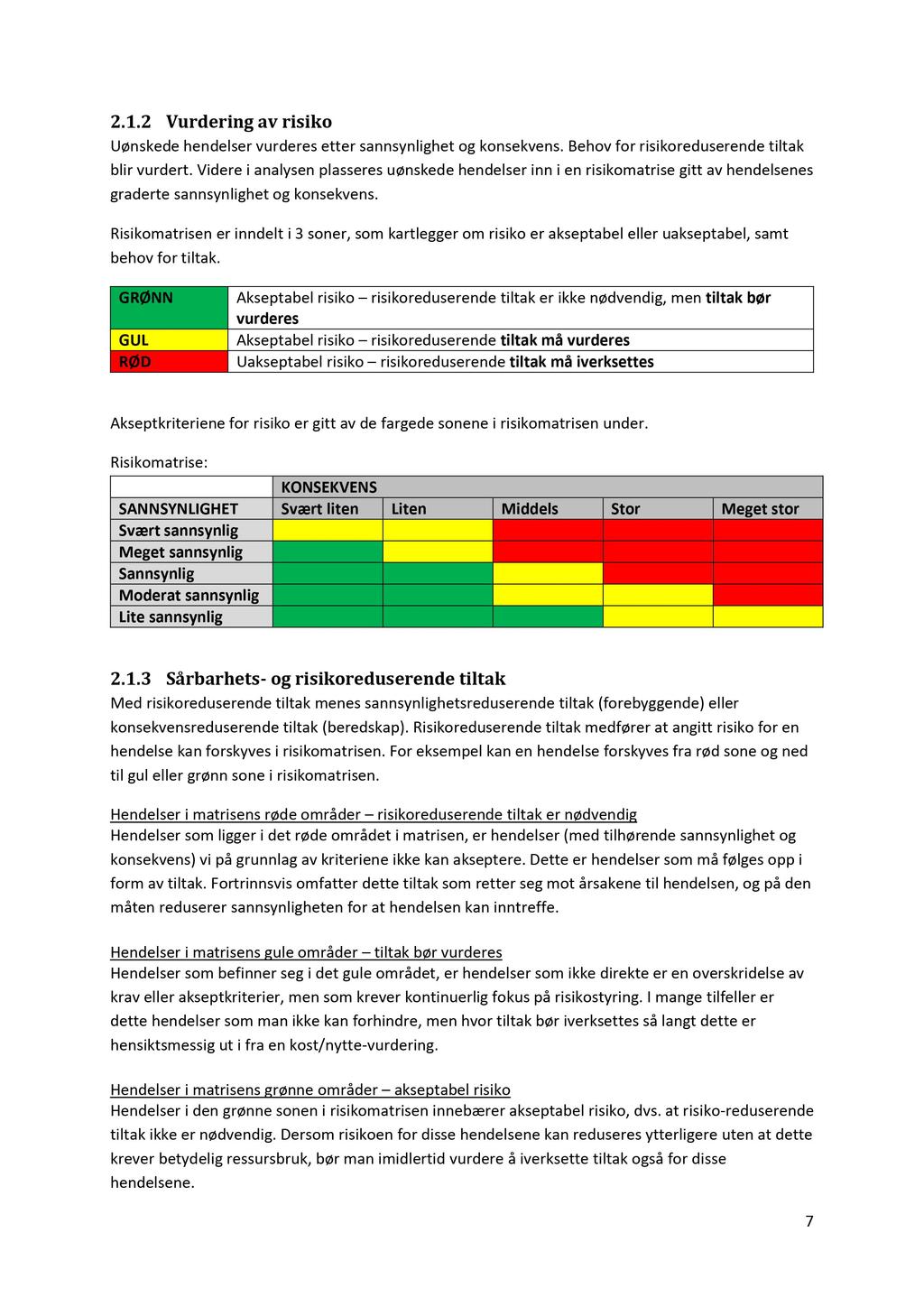 2.1.2 Vurdering av risiko Uønskede hendelser vurderes etter sannsynlighet og konsekvens. Behov for risikoreduserende tiltak blir vurdert.