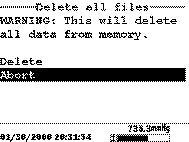 8.6 Slett alle filer MERK: Det er ikke mulig å slette enkle filer for å frigjøre minne. Den eneste måten er å slette ALLE filene samtidig.