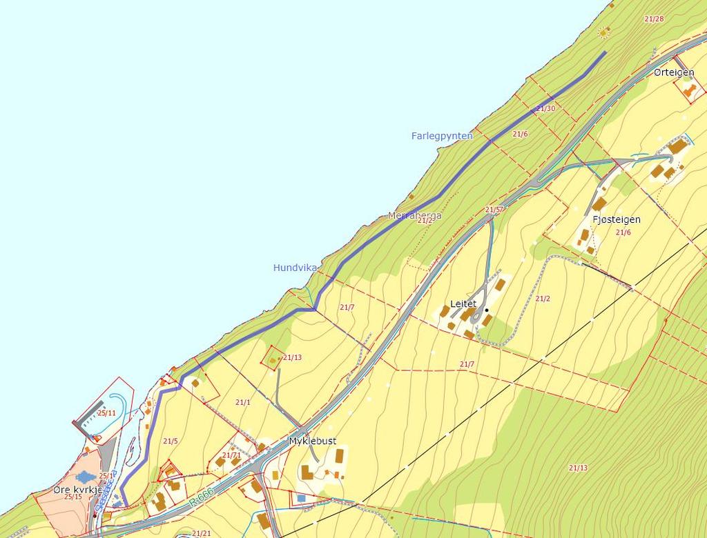 T 2 Innspill fra: Øre Bygdalag Område:Myklebostad, gnr 21 bnr 1 m. fl., turveg lengde ca. 1,7 km. Foreslått formål: Adkomst til naust/turveg. Dagens formål: LNF. Landbruk Skog m/ høg bonitet.