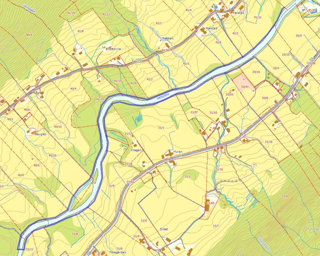 T 3 Innspill: Batnfjord il Område: Batnfjordsøra, Langs elva på begge sider fra Harstad til Bjerkeset / Gaupset. Foreslått formål: Tursti. Dagens formål: LNF Landbruk Tilpasses dyrkajord best mulig.