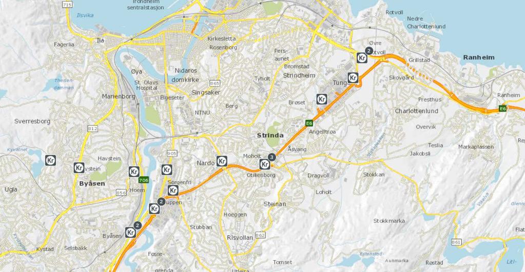 Vedlegg 7 - Oversikt bomstasjoner i Trondheim Bompunktene langs Omkjøringsvegen, Byåsen og bomstasjonene ved Sluppen bru danner en tett «bomring» rundt Trondheim. Unntaket er trafikk fra Ila via fv.