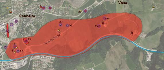 Arkeologiske kulturminner ved Ranheim og Være gård. Kartet er utarbeidet av Asplan Viak i 2014. Landbruk På hoveddelen av strekningen er det dyrkamark og skog som grenser inn til E6.