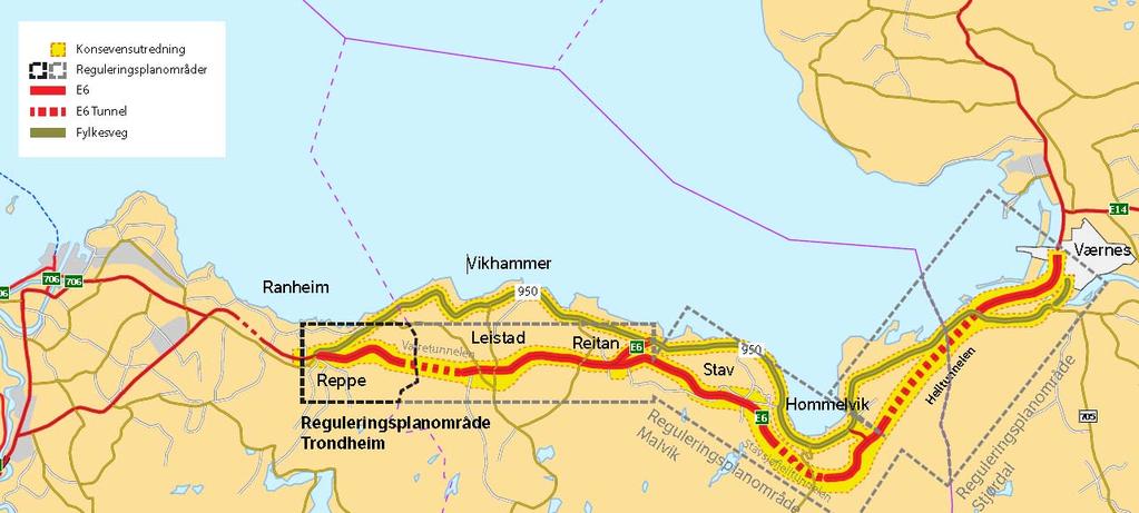 Bakgrunn for planforslaget Planområdet Planstrekningen strekker seg fra Reppekrysset til Væretunnelen og avsluttes i kommunegrense Trondheim - Malvik. Strekningen på E6 utgjør ca.