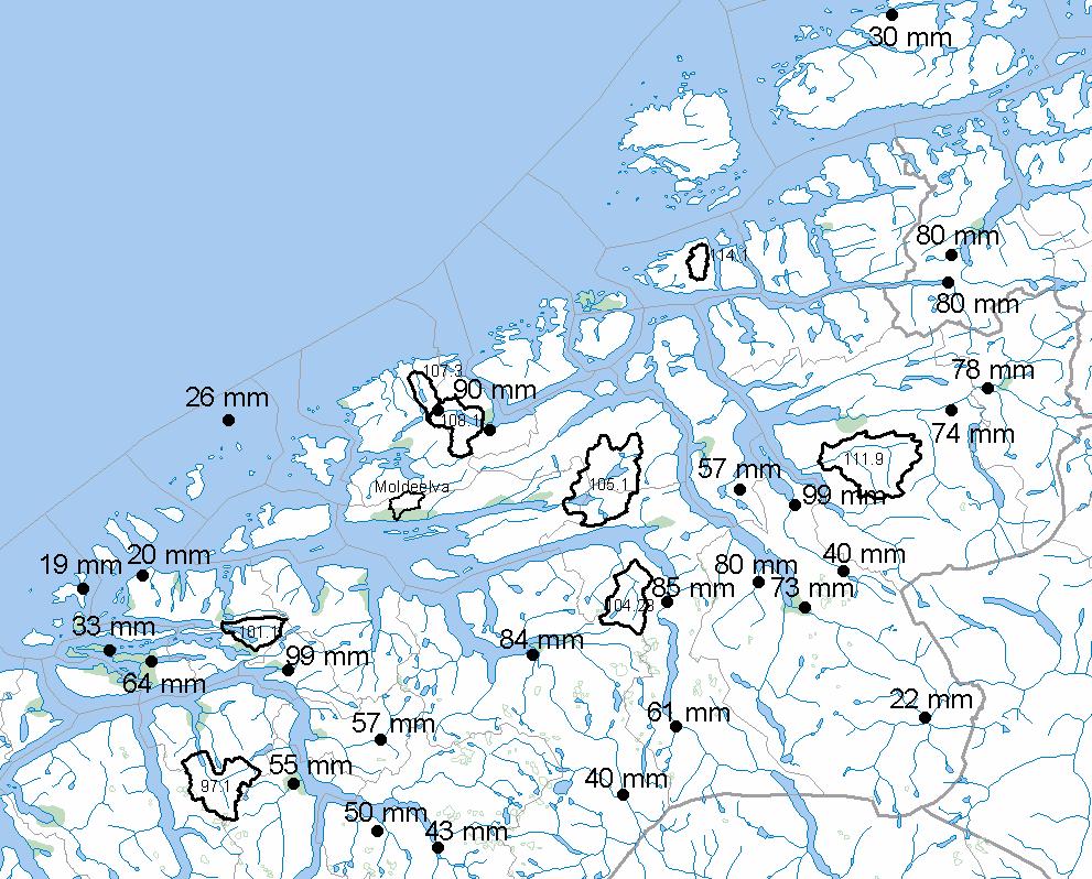 Figur 9. Oversikt over observert nedbør (24 timer) den 31.3.1997. Det var stor flom i Moldeelva den 31.3.1997. Flommen kom som en følge av sterk nedbør og snøsmelting.