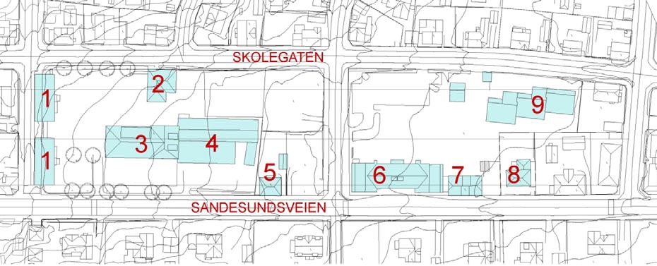 Bygningene som ble undersøkt, er lokalisert som vist i figur 1 og 2 nedenfor.