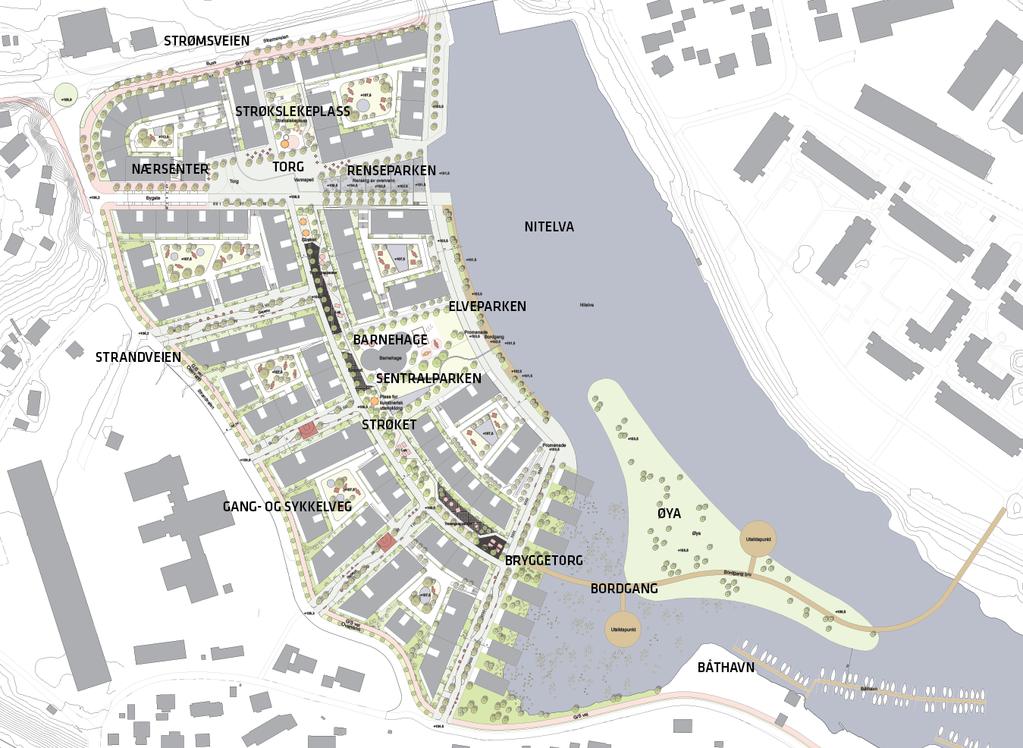 2.2 Tiltak Planområdet foreslås regulert til områder for boligbebyggelse med tilhørende anlegg, forretning, offentlig/ privat tjenesteyting, barnehage (kombinert med bydelshus) med tilhørende