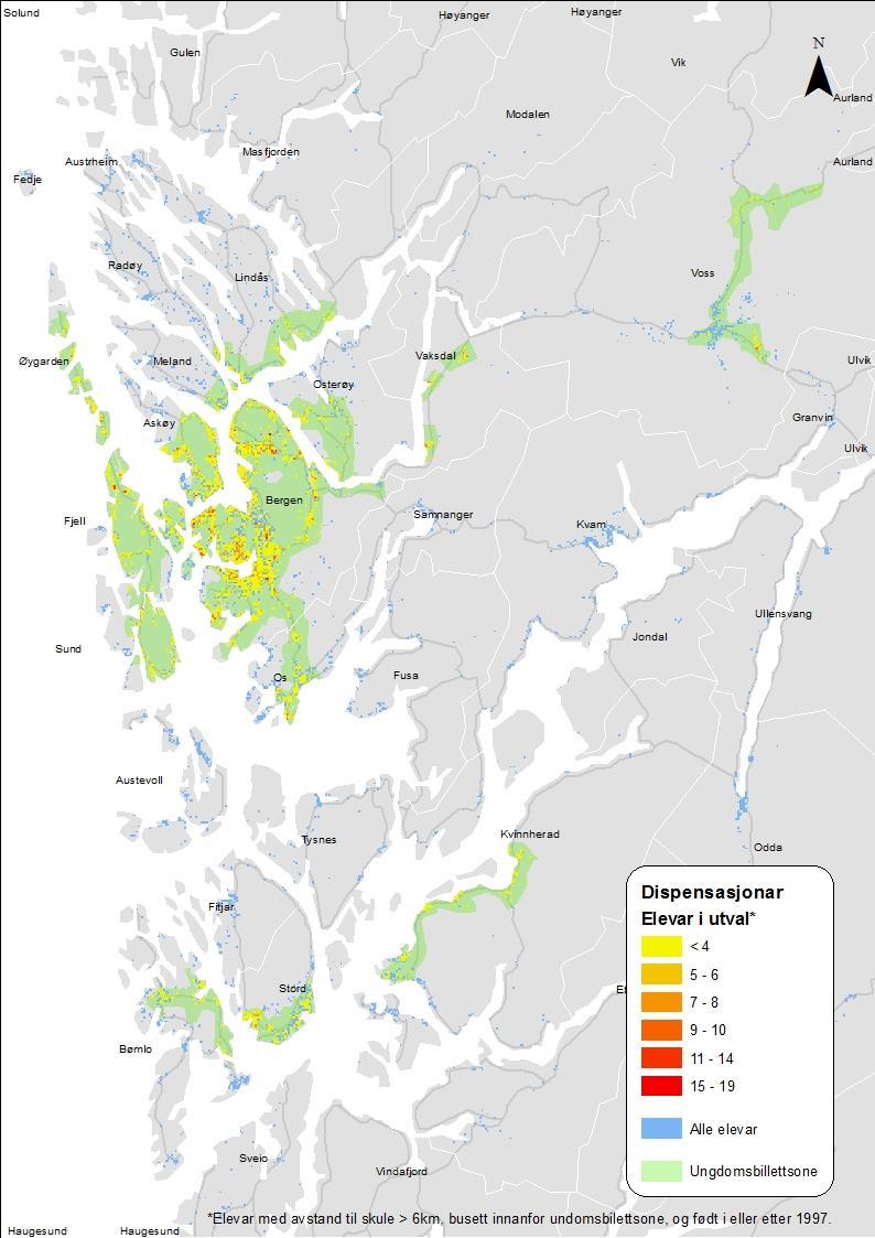 Figur 2: Kartet viser tal elevar i 250 x 250 meter rutenett. Rutene med elevutvalet er kategorisert etter tal elevar i ruta.