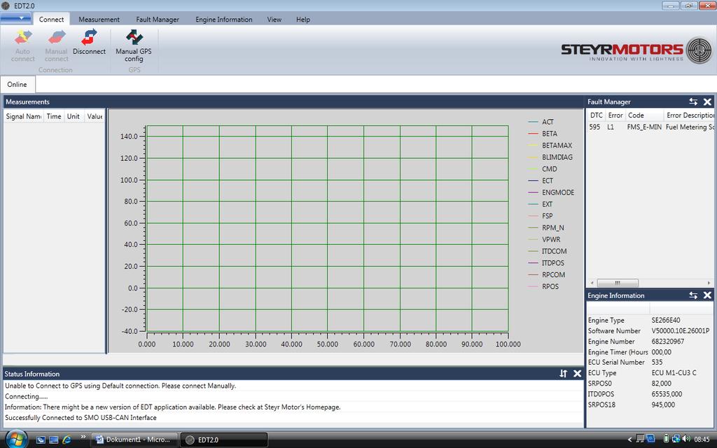 Oversikts bilde Fault Manager Oversikt over feilkoder Current= aktive kode mens motor går (kan ikke slettes) Stored = lagrede koder (kan slettes) Engine Information Type SE